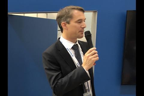 Pascal Cantin, Stadler’s Head of Product Sales Locomotive and Sales Director Western Europe, speaking at the Transport Logistic trade show in München.